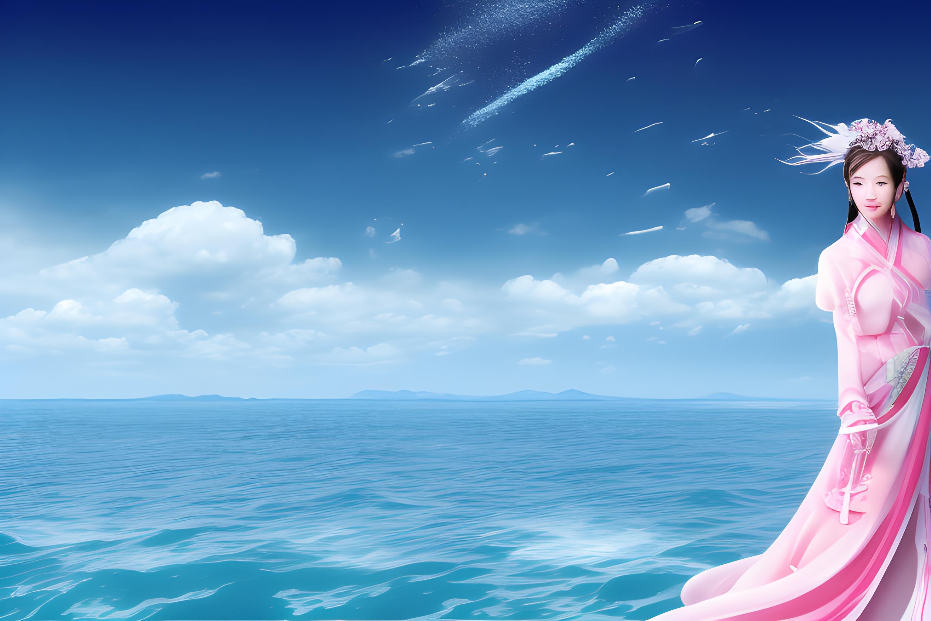 海边，蔚蓝的天空，细细的沙子，翠绿的椰树，两个比基尼少女追逐（个高大波浪巨乳）